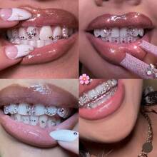 56 件蝴蝶和水钻彩色牙齿首饰套装，可爱的 Y2K 超闪亮牙齿配饰，适合日常、派对、节日、男女通用（不含胶水） - 56PC粉紅蝴蝶 - 查看 1