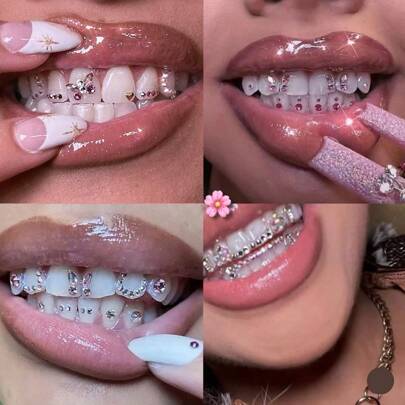 56 st. fjärils- och strassfärgade tandsmyckenset, söta Y2K superglänsande tandtillbehör för vardag, fest, högtid, unisex (inget lim ingår)