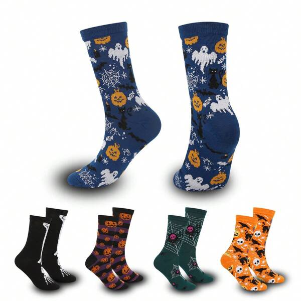 5 Pairs Halloween Funny Skull & Pumpkin Cartoon Print Casual Crew Socks For Men