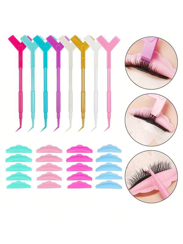 Reusable Eyelash Lifting Kits, 10PCS Reuseable Plastic Eyelash Perming Stick Tool With 5 Pairs 3D Eyelashes Extension Curler Pads Eyelash Extension Y Shape Comb Lash Lifting Curler Applicator Make Up Brushes Eyelash Perm Rods