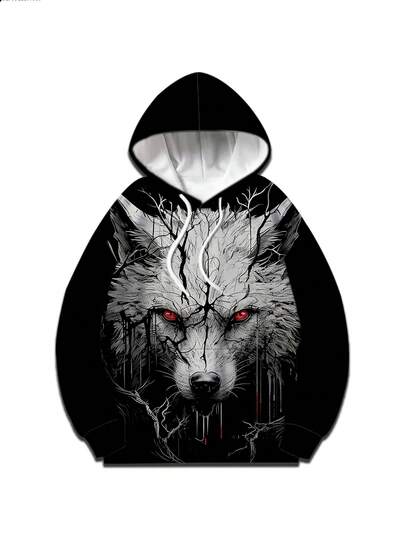 Ropa deportiva casual con capucha con cordón y estampado 3D de lobo para hombres