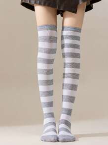 1 Pair Women Over Knee Socks, Cosplay Anime Character Uniform, Japanese Style Striped & Solid Thigh-High Stockings