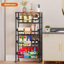 5 Tier Rolling Storage Trolley On Wheels, Large Capacity Kitchen Trolley, Mobile Utility Trolley With Wooden Table Top And Mesh Basket, Bathroom, Laundry Room