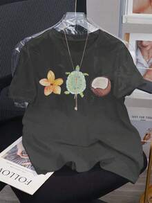 Magliette casual e morbide da donna con stampe floreali, frutta, cocco, animali, tartarughe, girocollo, maniche corte, adatte come regalo di compleanno per la primavera e l'estate