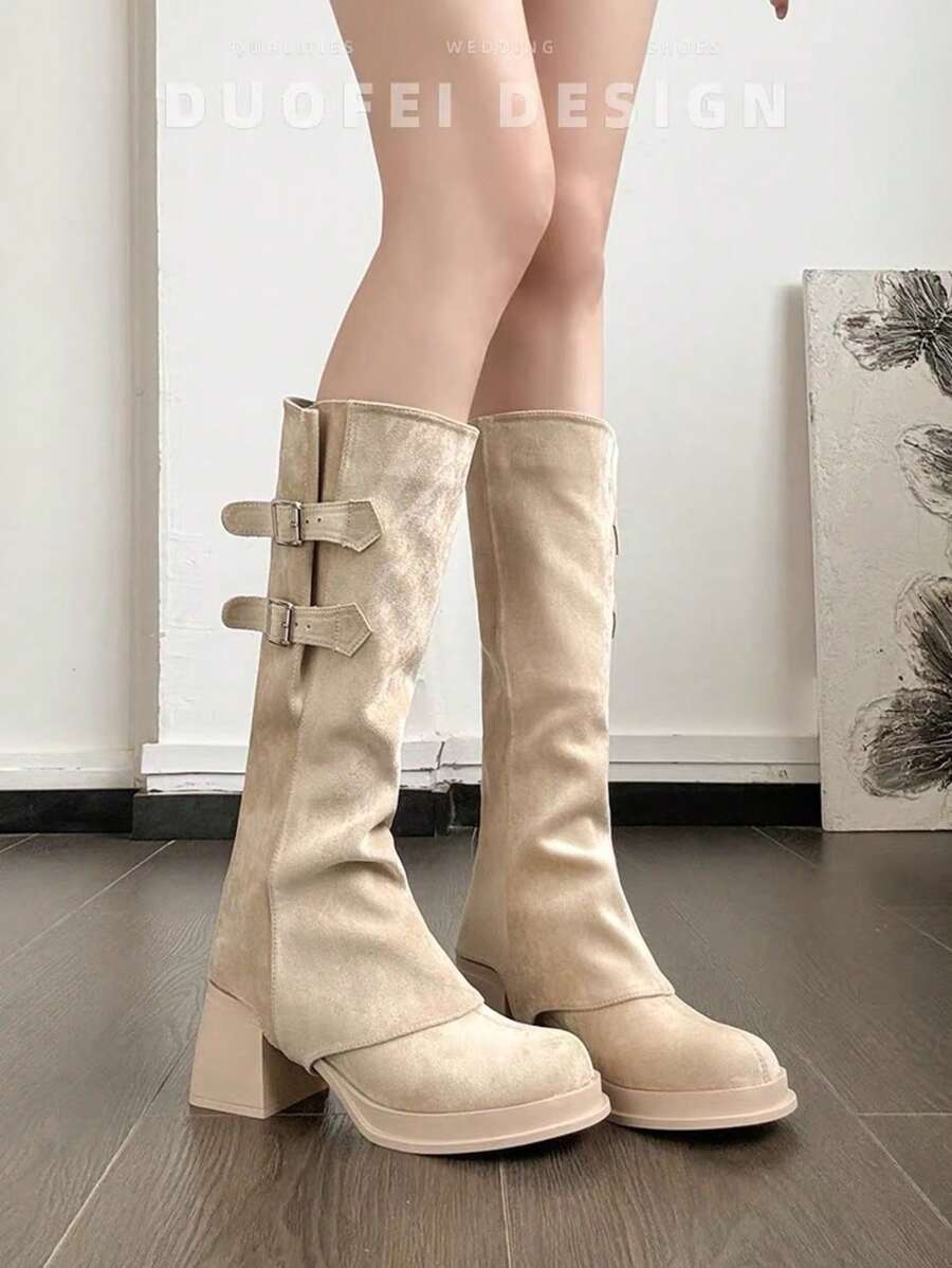 2025新款裸色高跟女靴，秋冬高筒靴，可拆卸短靴设计 - 杏色 - 查看 1
