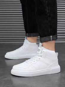 Men's High-Top Flat Sports Shoes, Lace-Up Solid Color Men's Outdoor Skate Shoes, 2024 New Casual Shoes For Men, Suitable For Outdoor Activities, Dating, All Seasons - White - View 4