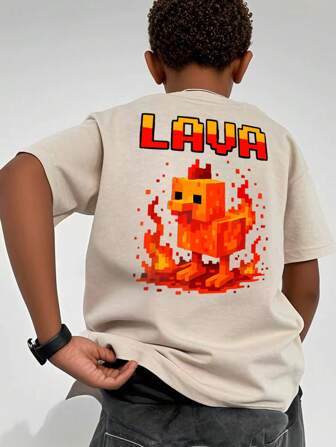 Boys & Teens Casual Printed Round Neck Short Sleeve T-Shirt, Summer Top