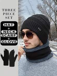 3pcs Men & Women Knitted Cashmere Beanie Hat, Soft Warm Scarf & Touch Screen Gloves, Warm Winter Gift Set Fall