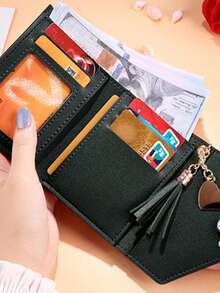 1pc Women's Folding Short Wallet, Black PU Leather Material, Printed With A-Z Letters And Pink Hearts, Cute Girl Coin Purse, Fashion Ladies Card Holder, Mini Tassel Wallet, Waterproof And Portable, Large Capacity, Can Hold Credit Cards, ID, Cash, Etc. - Black - View 7