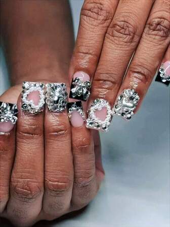 24Pcs French Black & White Gradient Polka Dot Medium Length Reusable Press-On Nails, Lava Heart Alloy Bow Rhinestone Decor, Chic & , Suitable For Dates, Spring, New Year, Christmas, Daily Commute, Birthdays, Festivals, Spring/Summer New Arrival Nail Supplies Nails