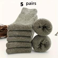 Cozy Soft 5 Pairs Men's Thick Wool Blend Socks - Mid-Calf Winter Socks In Solid Colors - Soft & Warm For Casual Or Cold Weather, Quality Fabric Socks, Giftready Packaging, Cute Socks (Dark Gray, Light Blue, Brown, Navy Blue, Beige, White)