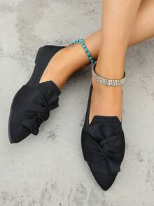 Women's Pointed Toe Bow Ballet Flats, Comfortable Slip-On Knit Flat Shoes For Spring & Autumn - Black - View 5