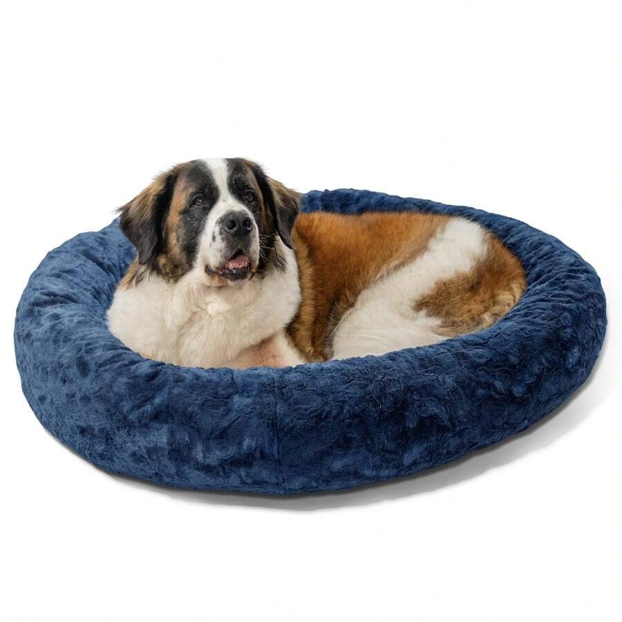 Original Calming Donut Dog And Cat Bed Shag Faux Fur Navy Blue XL 45x45" - 海軍藍+XL - 查看 1