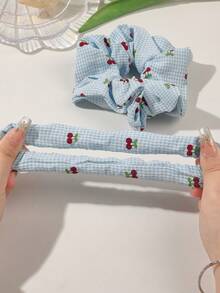 2 件套波西米亚风格针织樱桃蓝格子发圈，甜美柔软高弹力发带，适合春夏季、海滩、马尾辫夹、发圈、洗脸、发饰