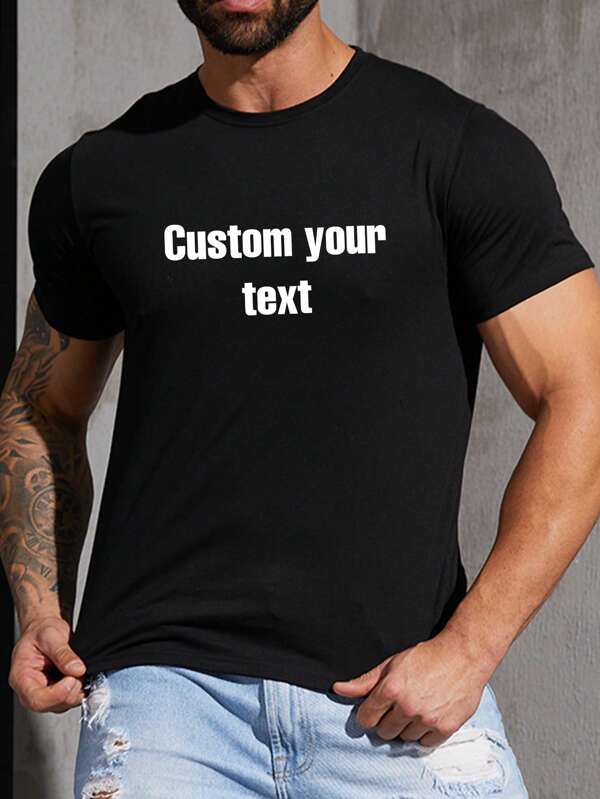 Customized Text Printed Men's T-Shirt, Personalized Text/Name/Message/Fun Text/Blessing, White T-Shirt, Holiday Gift, Anniversary Gift, Music Festival Outfit, Gift For Him, Men's Casual Loose Short Sleeve Round Neck T-Shirt, Party Wear