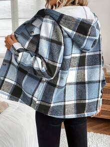 Women's Casual Plaid Thermal Lined Hooded Regular Jacket, Brushed Plaid Thermal Lined Hooded Jacket For Women - Blue - View 2