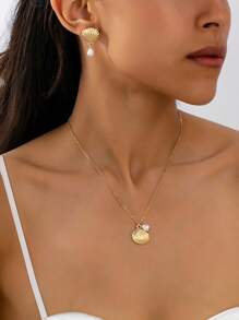 3 件时尚海滩风格金色金属贝壳吊坠项链、耳环首饰套装，适合女士 - 金黃色 - 查看 1