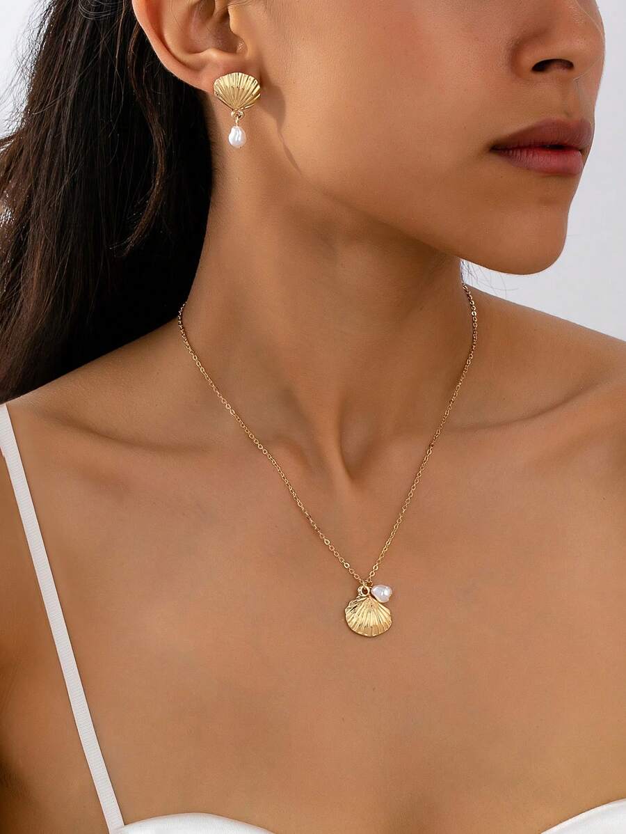 3 件时尚海滩风格金色金属贝壳吊坠项链、耳环首饰套装，适合女士 - 金黃色 - 查看 1
