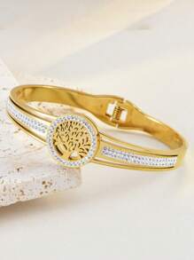 1pc 18K Gold Plated Stainless Steel Fashion Tree Of Life Bracelet, Elegant Accessory