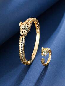 1 件欧美凶猛豹头开口戒指，18K 镀金铜镶嵌锆石首饰 - 金色 - 查看 14