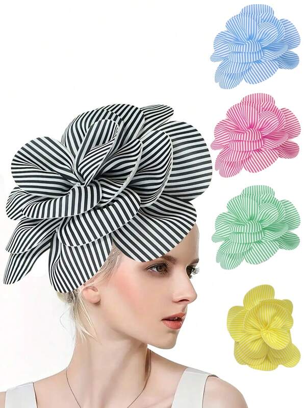 1pc Large Stripe Flower Fascinators Headband For Women Tea Party Accessories Girls Back To School Headband Cocktail Headwear Kentucky Derby Hats Prom Hair Accessories For Wedding, Tiny Hats, Mini Fascinator, Mini Top Hat , Mini Cap, Head Piece, Rave Accessories