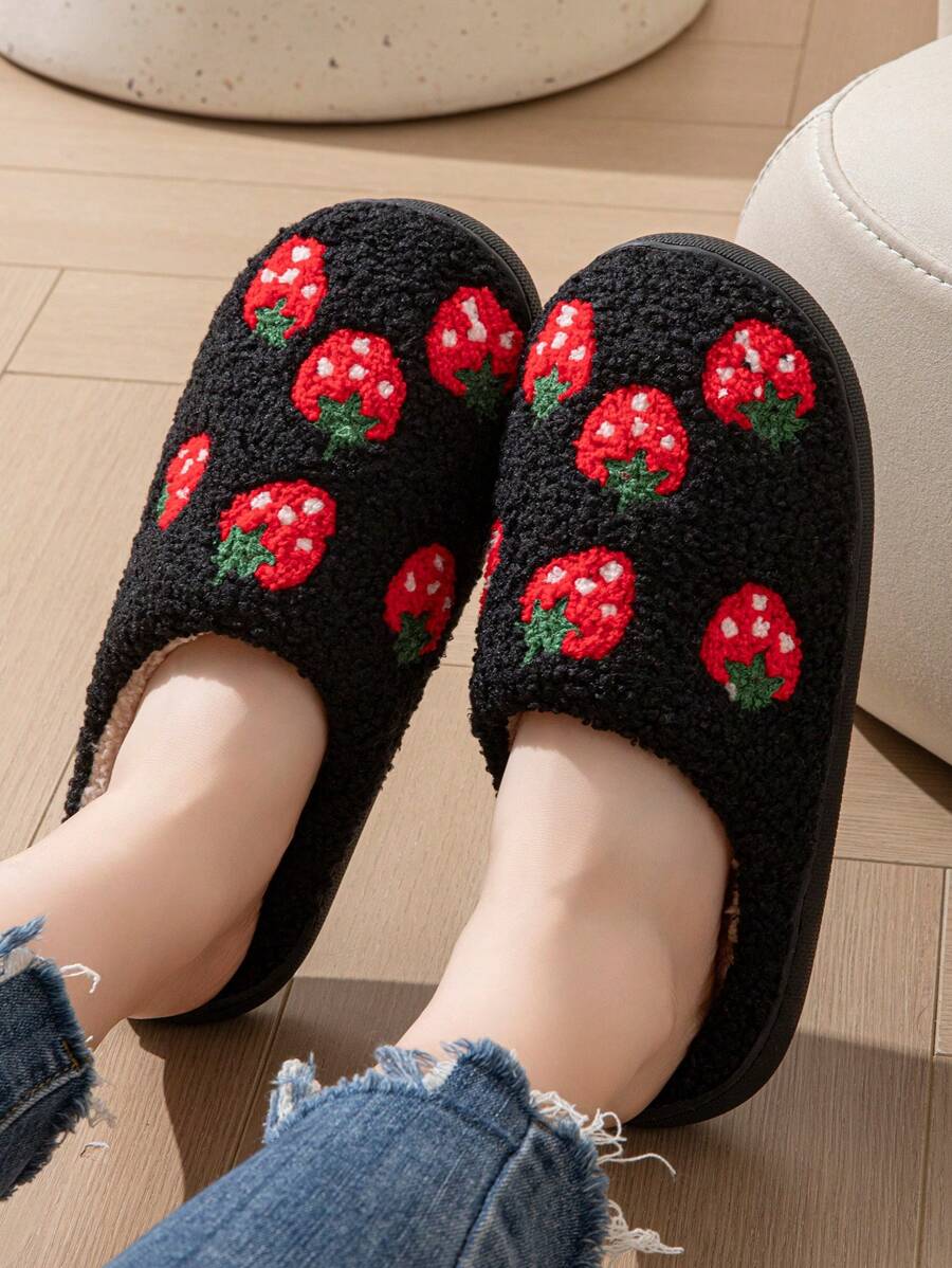 女士休闲毛绒草莓刺绣一脚蹬家居拖鞋，时尚秋冬 - 黑色草莓包頭 - 查看 1