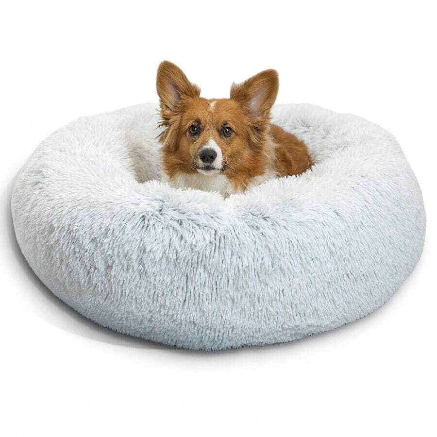 Original Calming Donut Dog And Cat Bed Shag Faux Fur Frost Gray Medium 30x30" Helps Provide Anxiety Relief For Pets - sương giá + thường xuyên - Xem 1