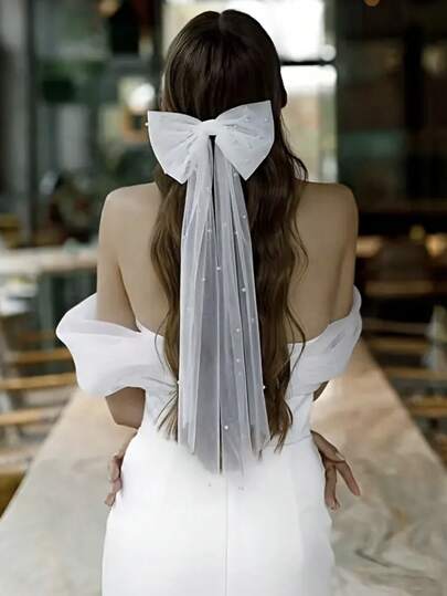 1 pezzo Fermaglio per capelli da sposa elegante con fiocco ampio e perle finte, stile dolce con nastro in tulle, accessorio da sposa fiabesco alla moda per uso quotidiano