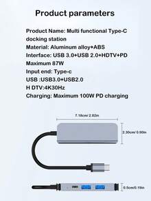 四合一 Type-C 转 HDTV 4K、USB3.0/2.0 PD 100W 扩展坞、多功能扩展集线器 - 灰色 - 查看 12