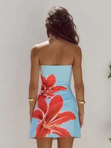 Mini vestido ajustado sexy y elegante con hombros descubiertos para mujer para unas vacaciones de verano con estampado floral, estilo floral hawaiano - Azul - Ver 3