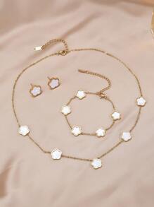 4pcs Stainless Steel 5-Petal Flower Jewelry Set: 1pc Necklace + 1pc Bracelet + 2pcs Earrings, Elegant Fashion Accessories For Women Valentines,Mom,Mother,Mother's Day,Gift