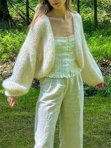 Women's Fuzzy Knit Sweater Long Lantern Sleeve Open Front Solid Color Cardigan Fall Coat - White - View 4