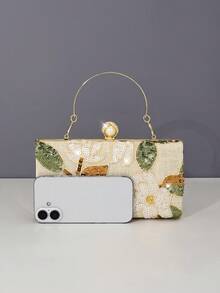 1件新款女士花卉手提包，时尚复古杏色亮片刺绣花朵链条晚宴包，迷你盒包，适合派对女孩、新娘、新婚夫妇和办公室女士参加派对、舞会、婚礼（图案随机），也适合工作、商务旅行、外出和通勤。 - 杏色 - 查看 5