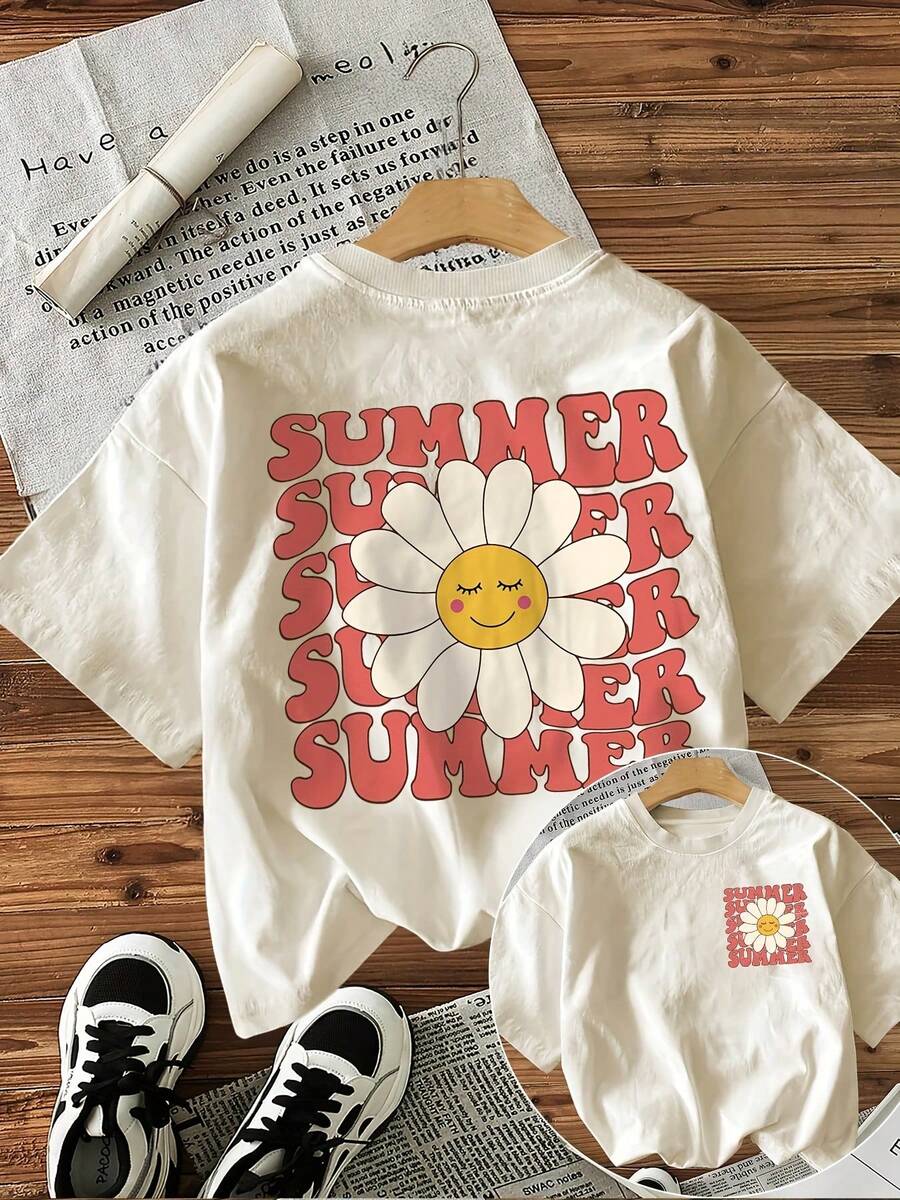 Camiseta Casual de Manga Corta con Cuello Redondo para Mujeres - Impresión Gráfica de Letras y Flores de Doble Cara, Diseño Negro con Rojo y Rosa, Top Transpirable Lavable a Máquina para Primavera y Verano, Camisetas para Damas, Atuendo Casual, Tela No Transparente, Temporal - Blanco - Ver 1