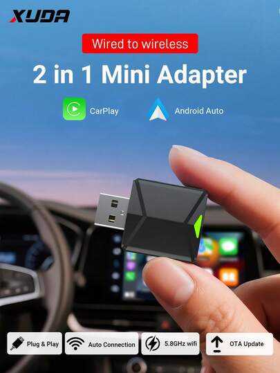  XUDA新款CarPlay AI盒子无线迷你二合一适配器，有线转无线CarPlay和Android Auto智能盒，传输稳定，适用于99%原车有线CarPlay/Android Auto车型，2.4~5.0 GHz WiFi5