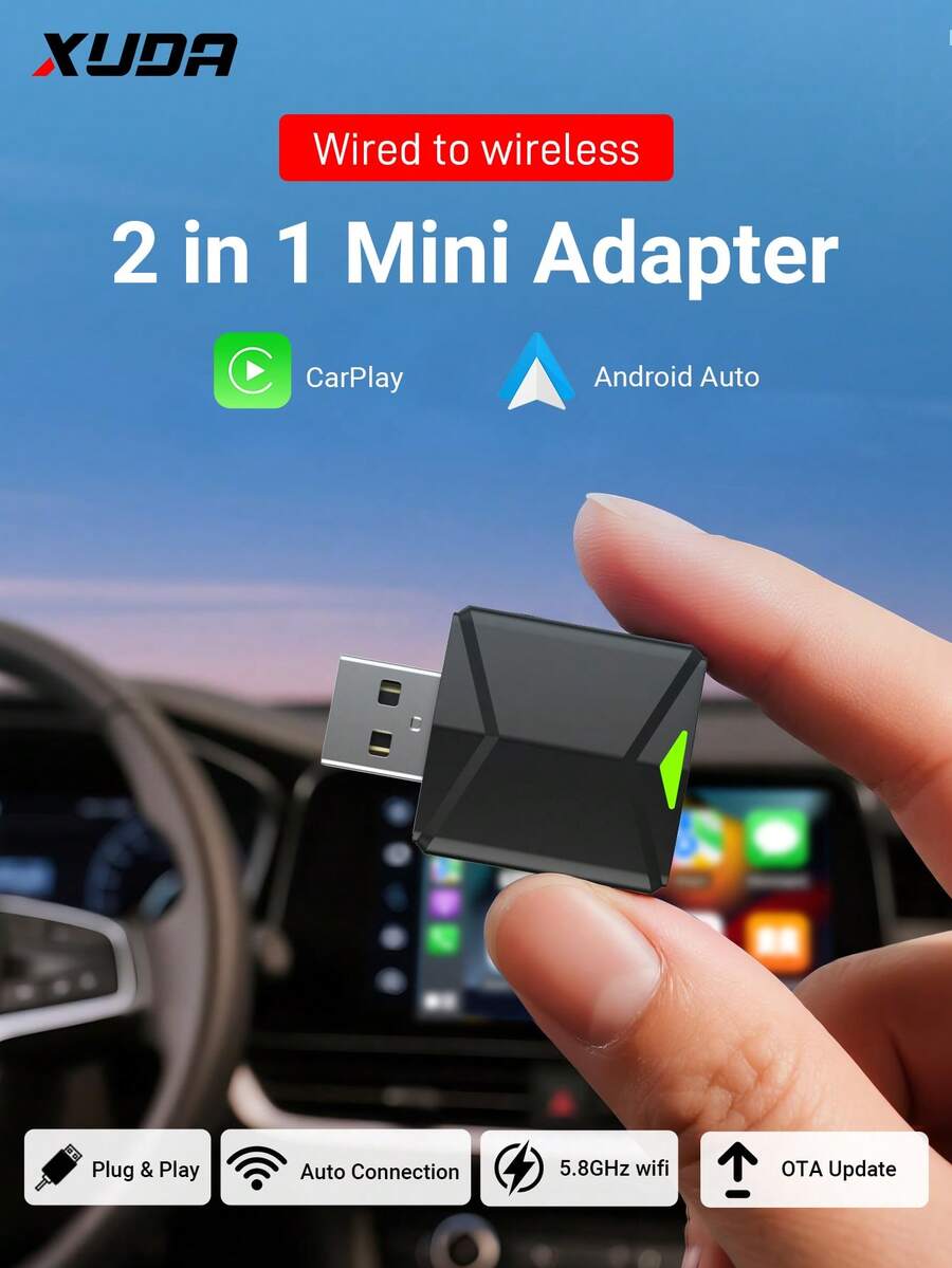 XUDA新款CarPlay AI盒子无线迷你二合一适配器，有线转无线CarPlay和Android Auto智能盒，传输稳定，适用于99%原车有线CarPlay/Android Auto车型，2.4~5.0 GHz WiFi5 - 黑色 - 查看 1