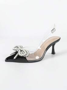 Women's Pearl Bow Decor Business & Social Wear Pearl Bow Decor Pointed Toe Mid-Calf Transparent Strap Stiletto Heel Pearl Bow Decor High Heel Sandals, Elegant Style For Workplace, Business, Office, Social Gatherings, All Seasons, Black & White - Black - View 7