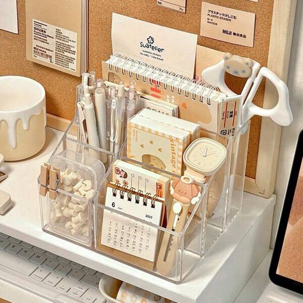 1pc Desktop Stationery Storage Box, Transparent Office Desk Memo Organizer, Multi-Compartment Makeup Organizer