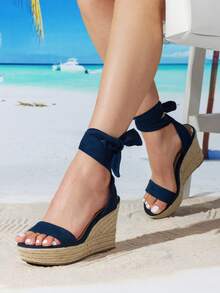 Womens Open Toe Espadrilles Wedges Tie Lace Up Cute Ankle Strap Platform Sandals Dressy Shoes - Màu xanh hải quân - Xem 2
