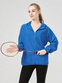 1 件女士轻质防水夹克，休闲风衣外套，速干运动服，黑色长袖女士运动夹克，长袖女士上衣，带储物袋 - 寶藍色 - 查看 2