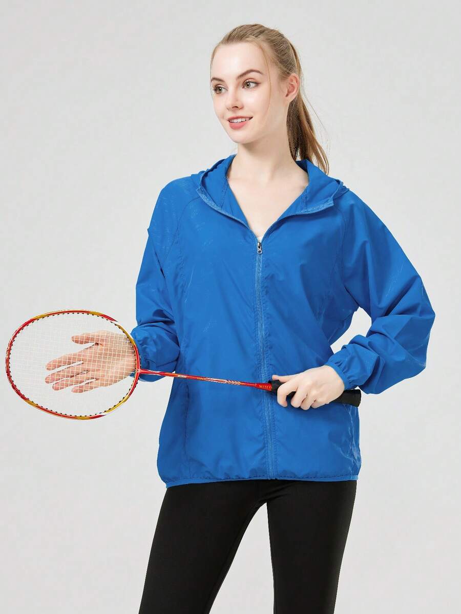 1 件女士轻质防水夹克，休闲风衣外套，速干运动服，黑色长袖女士运动夹克，长袖女士上衣，带储物袋