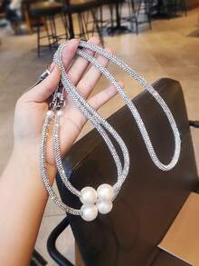 1 pieza Cordón de teléfono grueso con perlas y rhinestones, correa larga de lujo tipo collar, cadena cruzada para el hombro con broche