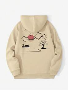 Męska bluza z kapturem, długim rękawem, ściągaczem i kieszenią, z nadrukiem górskim