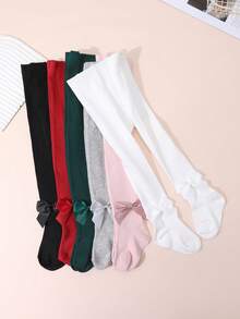 6 Pairs Girls' Simple Solid Color Tights, Cute Bow Decor, Versatile For Daily Wear, Suitable For All Seasons - Multicolor - View 6