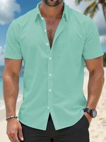 男士新款夏季衬衫，简约时尚短袖上衣，天蓝色，休闲户外风格，纽扣开合，弹力轻盈面料，适合夏季穿着 - 薄荷綠 - 查看 2