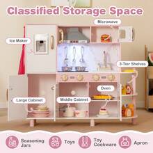 Kids Kitchen Playset W/ Apron Stoves Hood Oven Ice Maker Microwave Telephone - Pink - View 6