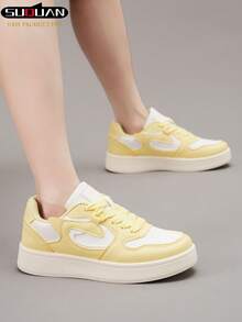1 Pair Women's Lace-Up Casual Sneakers, New 2025 Model, Versatile Sports Shoes, Thick Sole Skateboard Shoes - Yellow - View 4