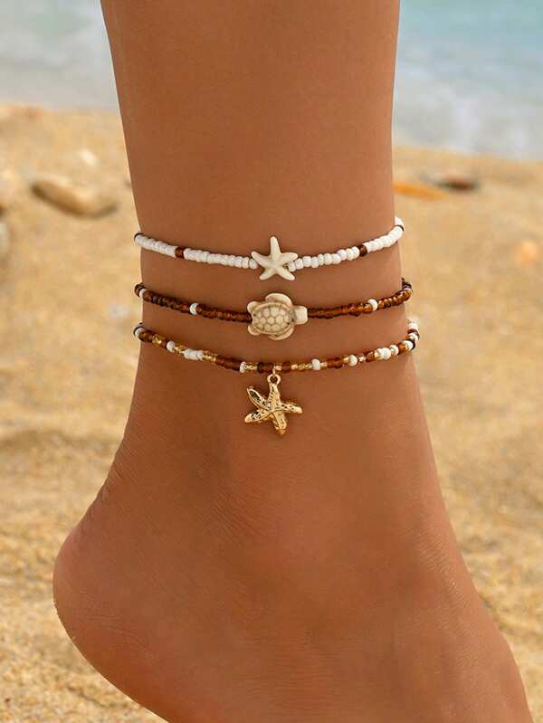 3 pièces/set Bracelet de cheville bohème d'été fait main avec décoration de créatures marines, bijoux polyvalents à la mode pour femmes, convient pour le port quotidien, les vacances à la plage et les fêtes