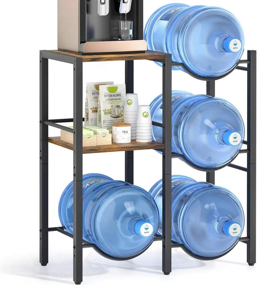 5 Gallon Water Jug Holder, Water Jug Stand With Wood Storage Shelves, 5 Gal Water Bottle Holder Storage Rack With Water Dispenser Stand For Home/Office/Garage Organizer (Rustic Brown Wood) - Black - View 1