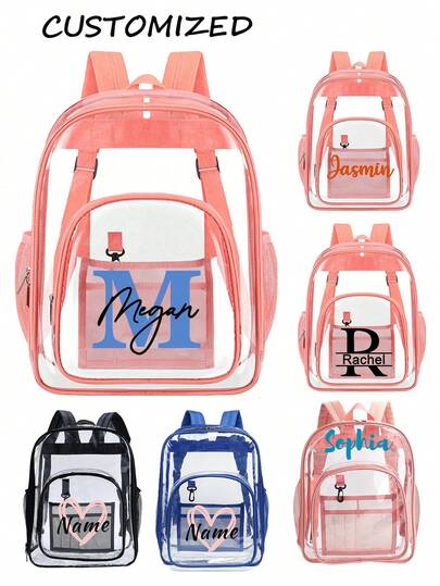 Mochila transparente personalizada con nombre, mochila escolar personalizada de PVC resistente, mochila transparente personalizada, regalo de regreso a la escuela, mochila de regreso a la escuela personalizada para niños, niñas y adultos, bolsa transparente para libros, viajes y artículos de tocador, con cierre de cremallera. Adecuada para salidas diarias, viajes, escuela, compras y otras ocasiones. Se puede personalizar con nombre, letras, etc.